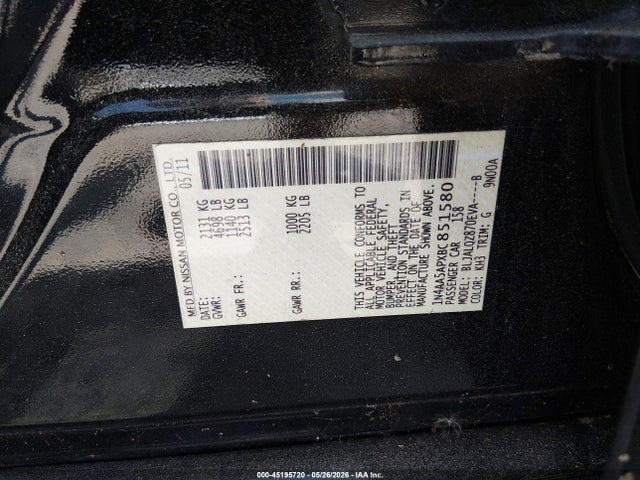 2011 Nissan Maxima 3.5 S მანქანა იყიდება აუქციონზე, vin: 1N4AA5APXBC851580, აუქციონის ნომერი: 45195720