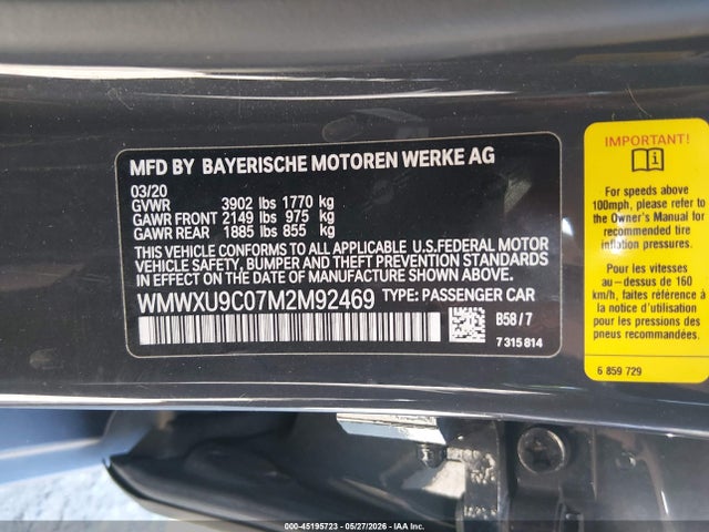 2021 Mini Hardtop Cooper S მანქანა იყიდება აუქციონზე, vin: WMWXU9C07M2M92469, აუქციონის ნომერი: 45195723