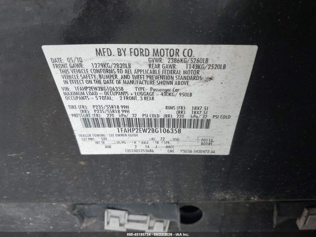 Aukcja sprzedaży 2011 Ford Taurus Sel, vin: 1FAHP2EW2BG106358, numer aukcji: 45195724