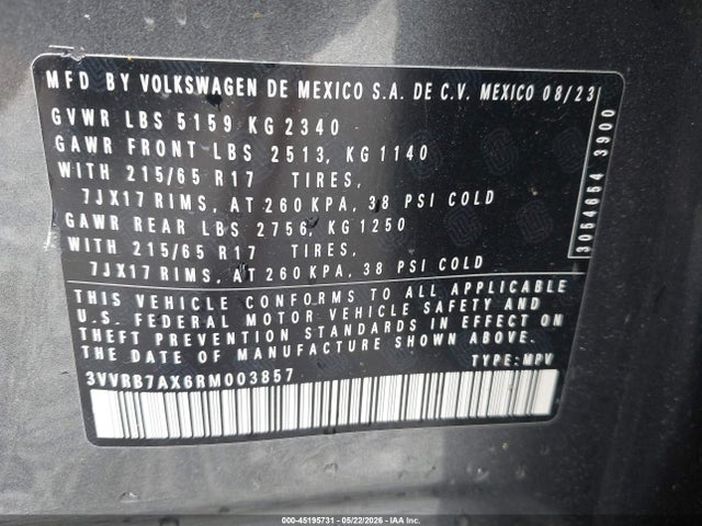 45195731 :رقم المزاد ، 3VVRB7AX6RM003857 vin ، 2024 Volkswagen Tiguan 2.0t S مزاد بيع