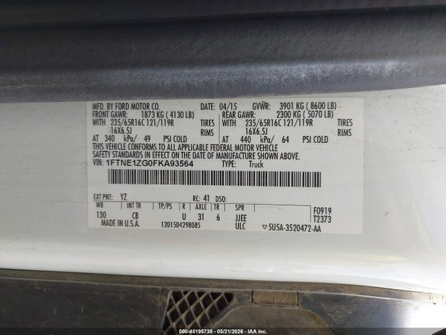Продаж на аукціоні авто 2015 Ford Transit-150, vin: 1FTNE1ZG0FKA93564, номер лоту: 45195735