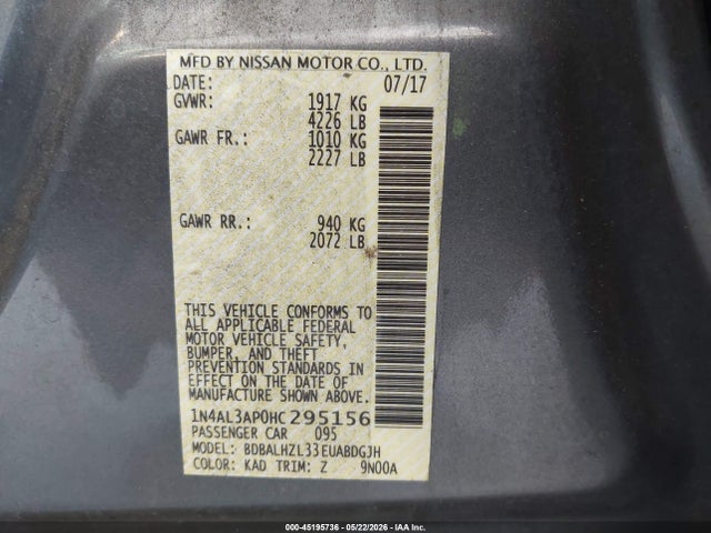 Продажа на аукционе авто 2017 Nissan Altima 2.5 Sr, vin: 1N4AL3AP0HC295156, номер лота: 45195736