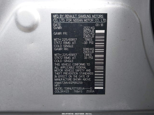 Nissan Rogue S/sl/sv 2016 KNMAT2MV4GP681259 Image 9