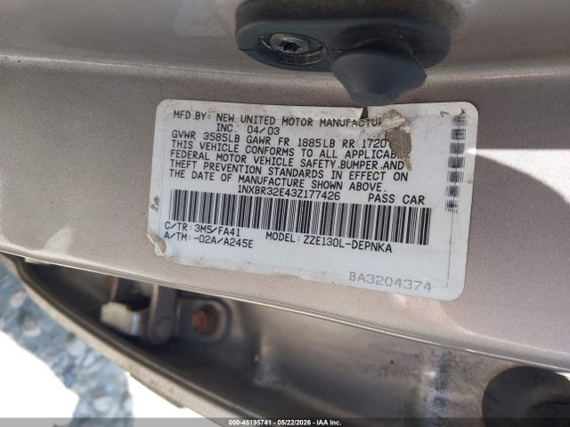 45195741 :رقم المزاد ، 1NXBR32E43Z177426 vin ، 2003 Toyota Corolla Le مزاد بيع