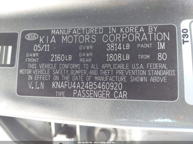 45195746 :رقم المزاد ، KNAFU4A24B5460920 vin ، 2011 Kia Forte Ex مزاد بيع