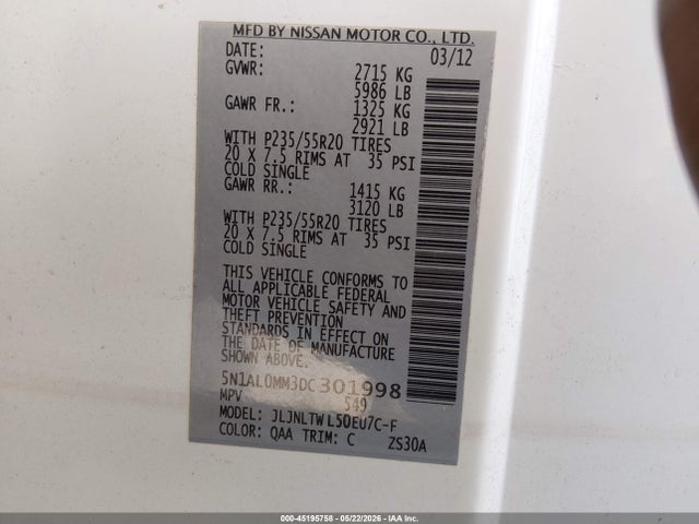 Продаж на аукціоні авто 2013 Infiniti Jx35, vin: 5N1AL0MM3DC301998, номер лоту: 45195758