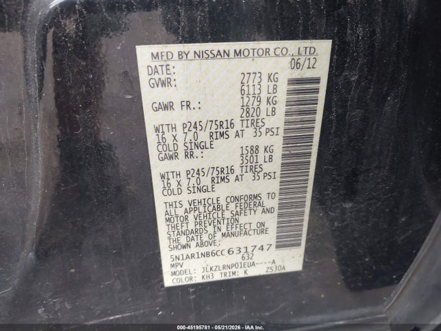 45195781 :رقم المزاد ، 5N1AR1NB6CC631747 vin ، 2012 Nissan Pathfinder S مزاد بيع