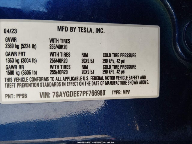 Продаж на аукціоні авто 2023 Tesla Model Y Awd/long Range Dual Motor All-wheel Drive, vin: 7SAYGDEE7PF766980, номер лоту: 45195787