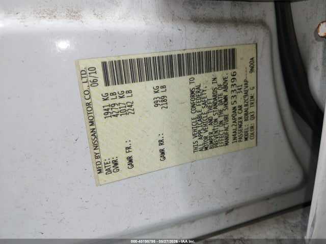 2010 Nissan Altima 2.5 S მანქანა იყიდება აუქციონზე, vin: 1N4AL2AP0AN533396, აუქციონის ნომერი: 45195795