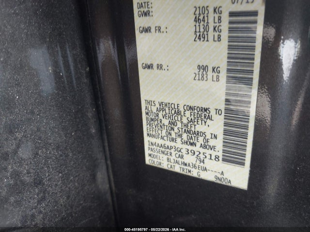 45195797 :رقم المزاد ، 1N4AA6AP3GC392518 vin ، 2016 Nissan Maxima 3.5 Platinum مزاد بيع