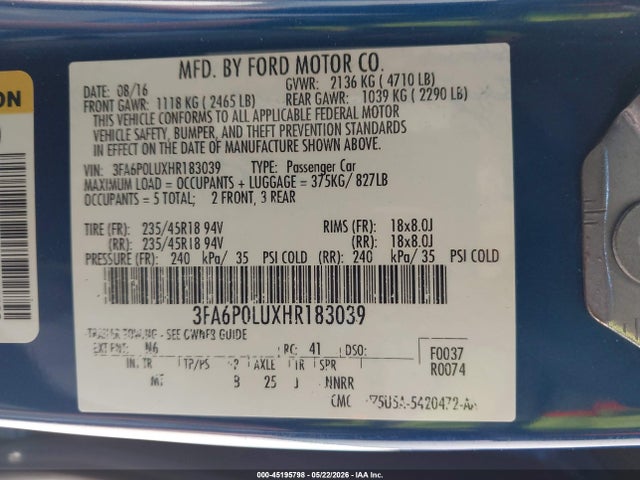3FA6P0LUXHR183039 Ford Fusion Hybrid Se