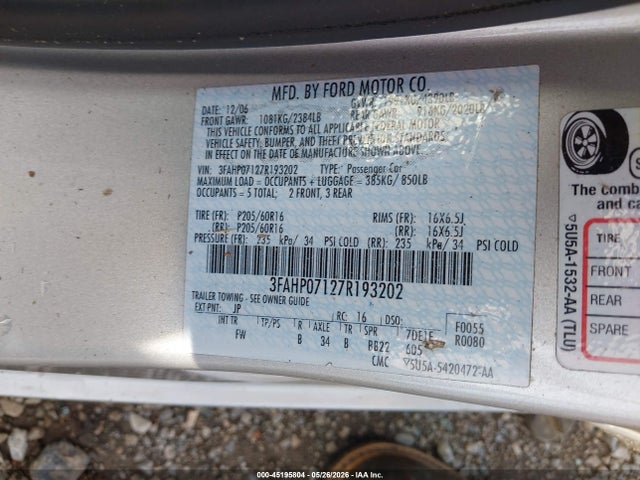 Aukcja sprzedaży 2007 Ford Fusion Se, vin: 3FAHP07127R193202, numer aukcji: 45195804