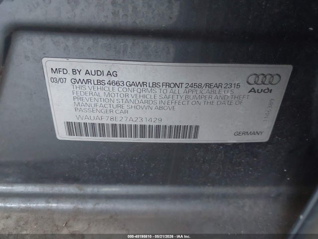 Aukcja sprzedaży 2007 Audi A4 2.0t, vin: WAUAF78E27A231429, numer aukcji: 45195810