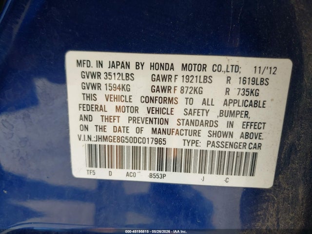 45195815 :رقم المزاد ، JHMGE8G50DC017965 vin ، 2013 Honda Fit Sport مزاد بيع