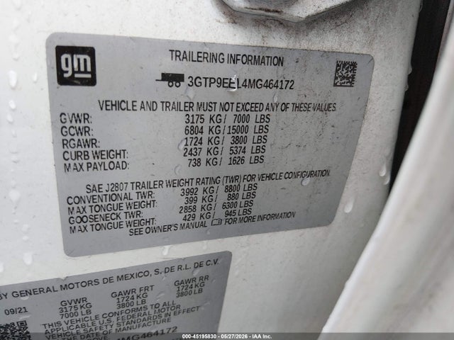 2021 Gmc Sierra 1500 მანქანა იყიდება აუქციონზე, vin: 3GTP9EEL4MG464172, აუქციონის ნომერი: 45195830