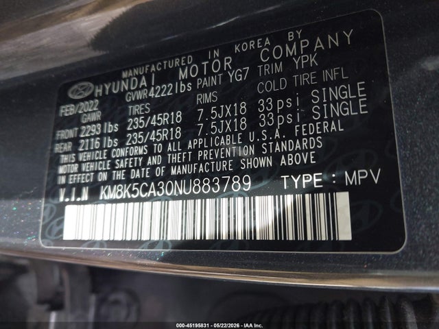 Продаж на аукціоні авто 2022 Hyundai Kona Limited, vin: KM8K5CA30NU883789, номер лоту: 45195831