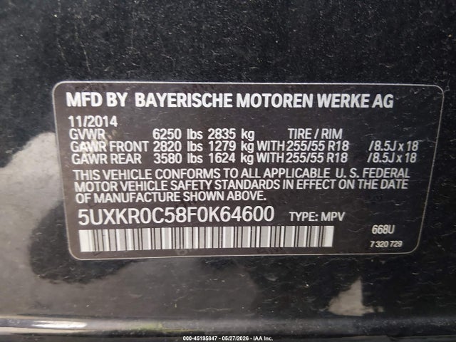 Aukcja sprzedaży 2015 Bmw X5 Xdrive35i, vin: 5UXKR0C58F0K64600, numer aukcji: 45195847