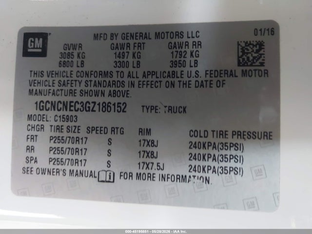 45195851 :رقم المزاد ، 1GCNCNEC3GZ186152 vin ، 2016 Chevrolet Silverado 1500 Ls مزاد بيع
