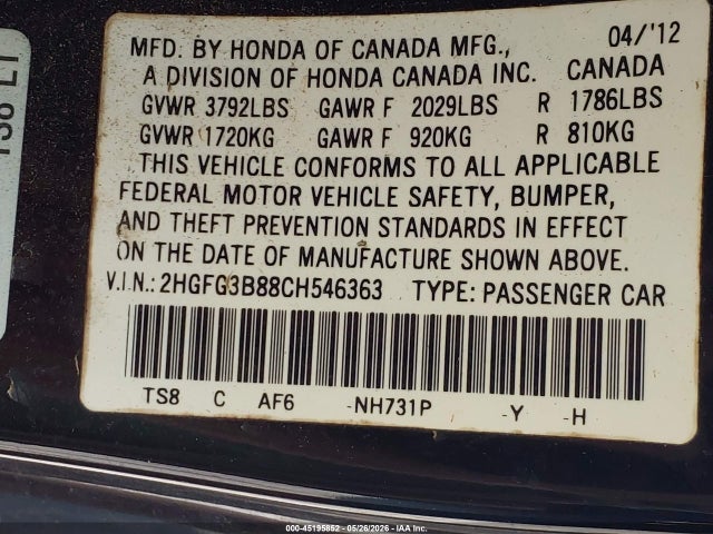 Продаж на аукціоні авто 2012 Honda Civic Ex, vin: 2HGFG3B88CH546363, номер лоту: 45195852