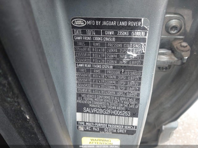 Продаж на аукціоні авто 2015 Land Rover Range Rover Evoque Pure, vin: SALVR2BG2FH005253, номер лоту: 45195858