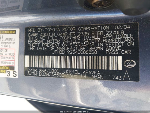 45195863 :رقم المزاد ، JTHBD192340088828 vin ، 2004 Lexus Is 300 مزاد بيع