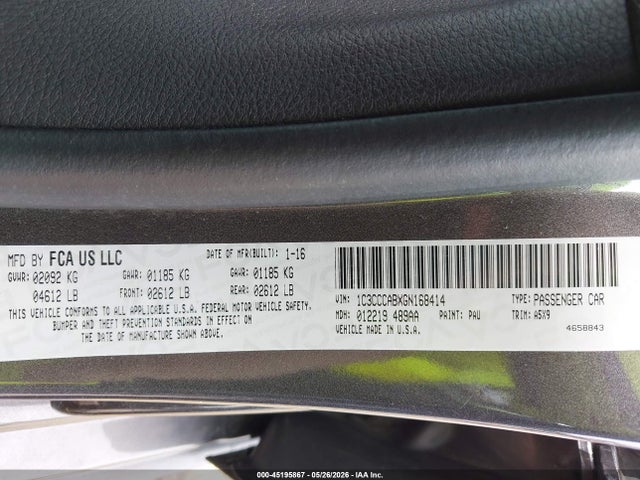 Продаж на аукціоні авто 2016 Chrysler 200 Limited, vin: 1C3CCCABXGN168414, номер лоту: 45195867
