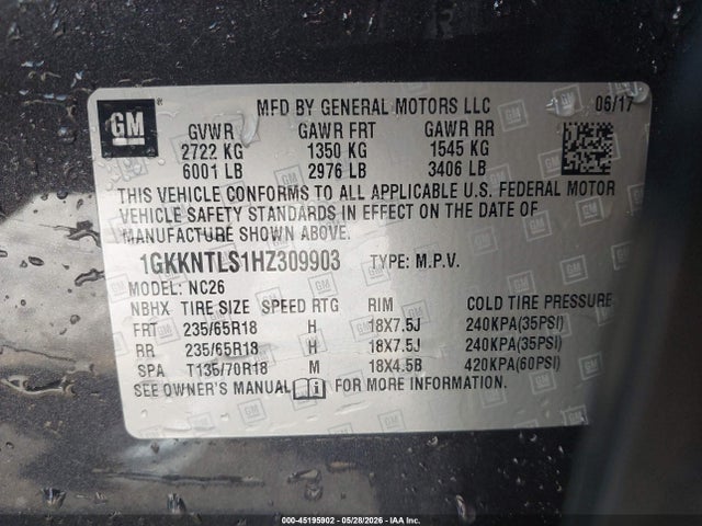 45195902 :رقم المزاد ، 1GKKNTLS1HZ309903 vin ، 2017 Gmc Acadia Sle-2 مزاد بيع