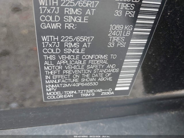 Aukcja sprzedaży 2016 Nissan Rogue Sv, vin: KNMAT2MV4GP646530, numer aukcji: 45195905