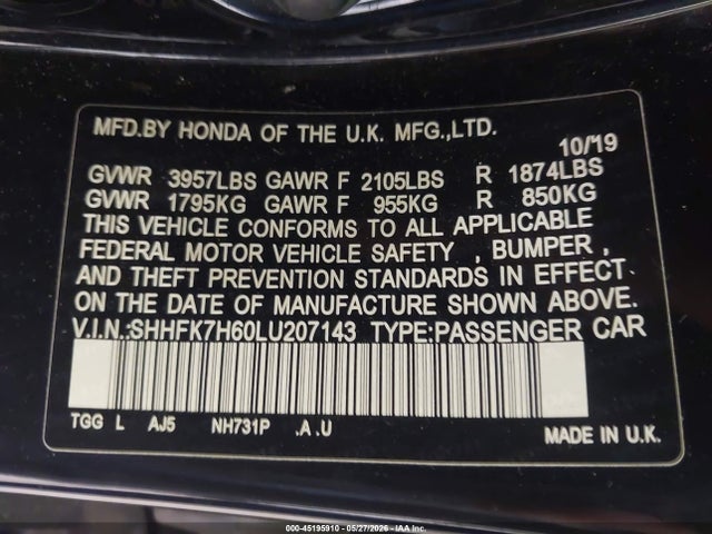 2020 Honda Civic Ex მანქანა იყიდება აუქციონზე, vin: SHHFK7H60LU207143, აუქციონის ნომერი: 45195910
