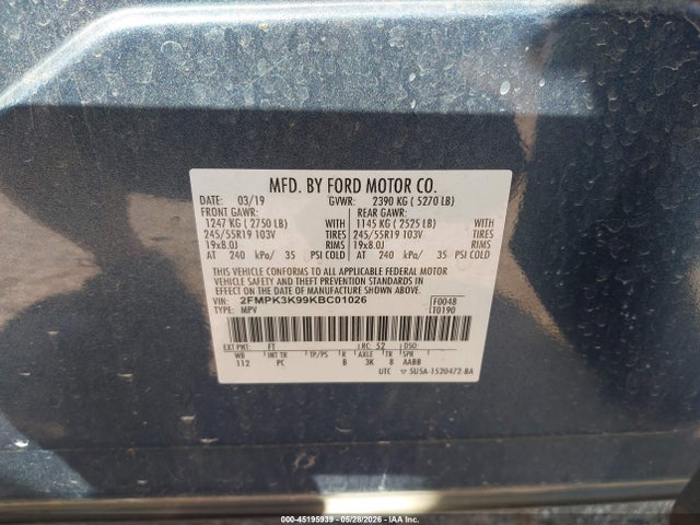 Auction sale of the 2019 Ford Edge Titanium, vin: 2FMPK3K99KBC01026, lot number: 45195939