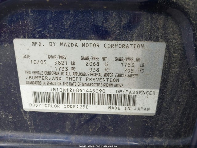 2006 Mazda Mazda3 I მანქანა იყიდება აუქციონზე, vin: JM1BK12F861445390, აუქციონის ნომერი: 45195943