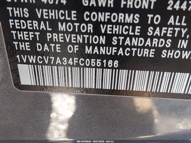 Aukcja sprzedaży 2015 Volkswagen Passat 2.0l Tdi Sel Premium, vin: 1VWCV7A34FC055166, numer aukcji: 45195944