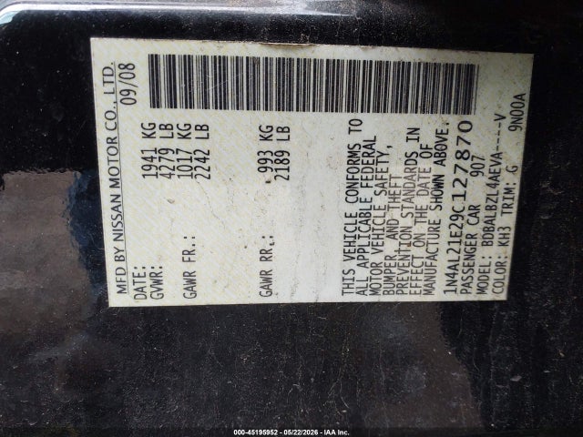 Aukcja sprzedaży 2009 Nissan Altima 2.5 S, vin: 1N4AL21E29C127870, numer aukcji: 45195952