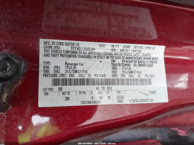 45195958 :رقم المزاد ، 1FADP3F24DL115976 vin ، 2013 Ford Focus Se مزاد بيع