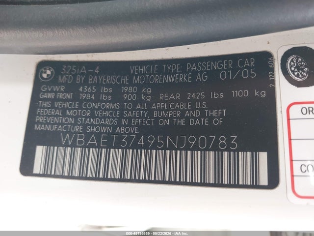 Aukcja sprzedaży 2005 Bmw 325i, vin: WBAET37495NJ90783, numer aukcji: 45195959