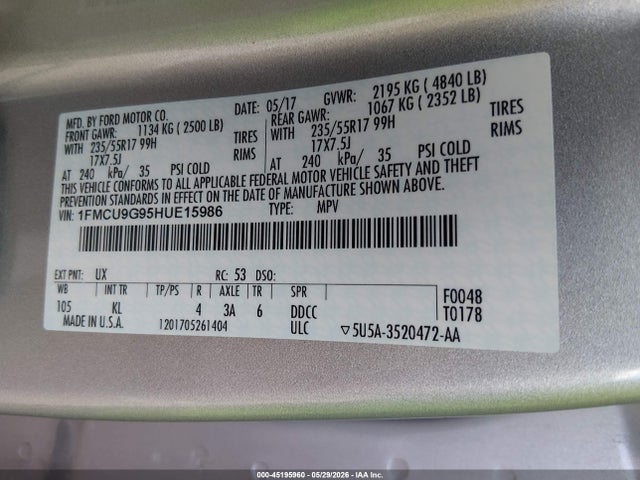 45195960 :رقم المزاد ، 1FMCU9G95HUE15986 vin ، 2017 Ford Escape Se مزاد بيع