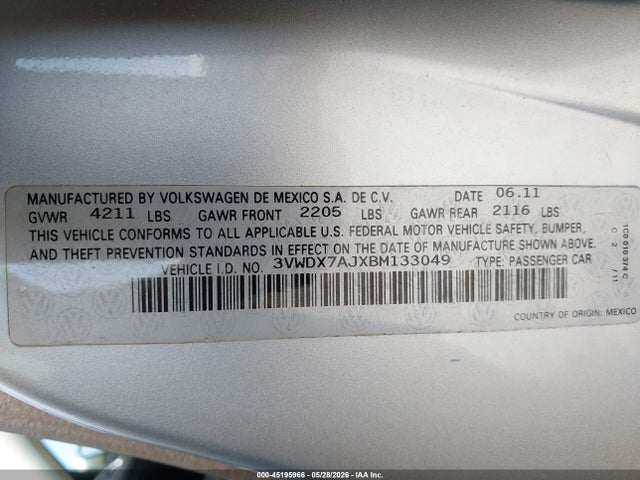Продаж на аукціоні авто 2011 Volkswagen Jetta 2.5l Se, vin: 3VWDX7AJXBM133049, номер лоту: 45195966