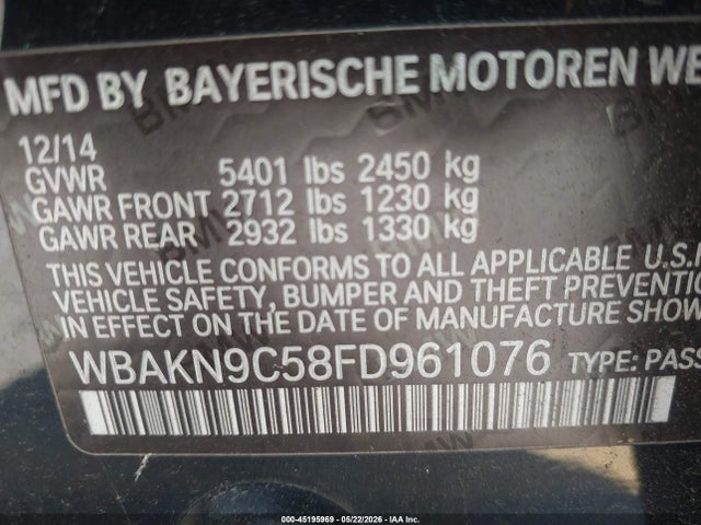 2015 Bmw 550i მანქანა იყიდება აუქციონზე, vin: WBAKN9C58FD961076, აუქციონის ნომერი: 45195969