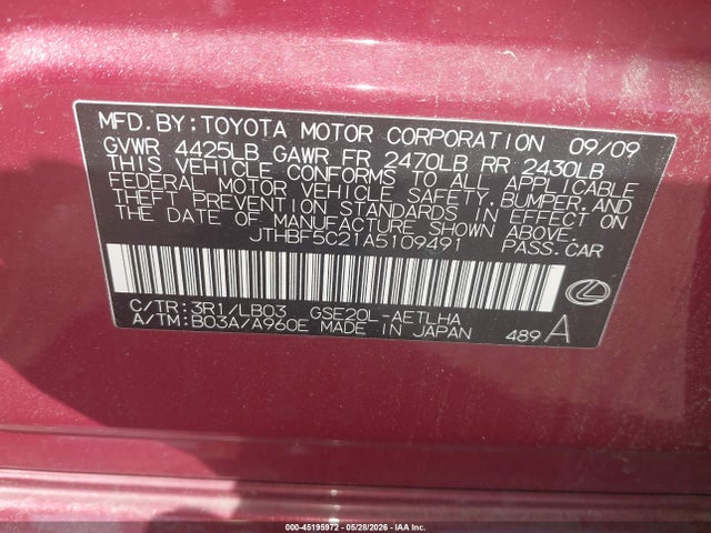 Продаж на аукціоні авто 2010 Lexus Is 250, vin: JTHBF5C21A5109491, номер лоту: 45195972