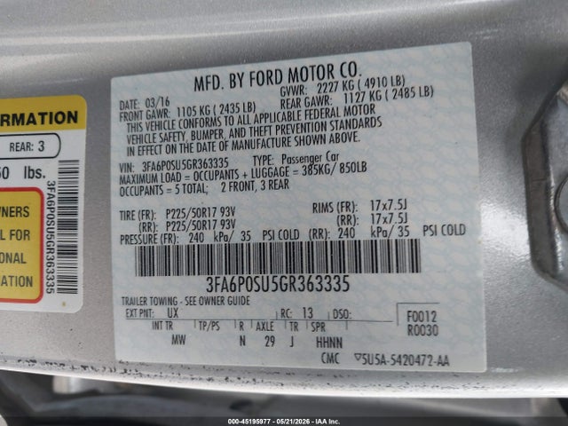 Продажа на аукционе авто 2016 Ford Fusion Energi Titanium, vin: 3FA6P0SU5GR363335, номер лота: 45195977