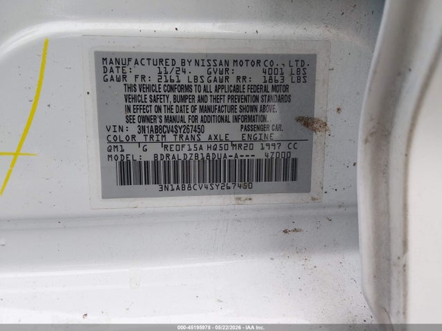 2025 Nissan Sentra Sv მანქანა იყიდება აუქციონზე, vin: 3N1AB8CV4SY267450, აუქციონის ნომერი: 45195978