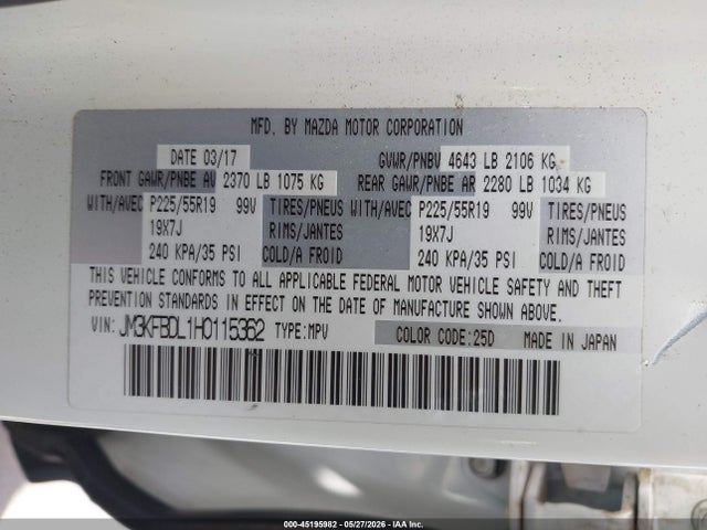 Aukcja sprzedaży 2017 Mazda Cx-5 Grand Touring, vin: JM3KFBDL1H0115362, numer aukcji: 45195982