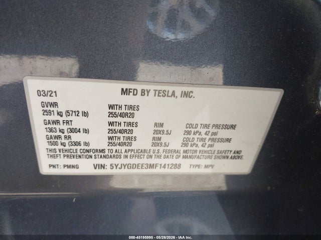 Продаж на аукціоні авто 2021 Tesla Model Y Long Range Dual Motor All-wheel Drive, vin: 5YJYGDEE3MF141288, номер лоту: 45195995