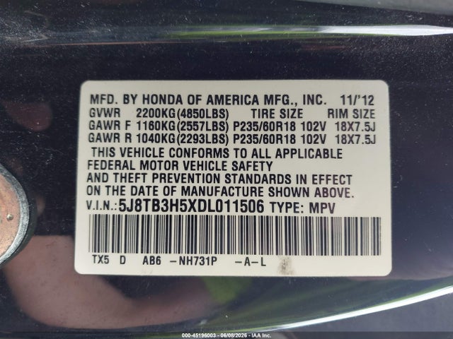 2013 Acura Rdx მანქანა იყიდება აუქციონზე, vin: 5J8TB3H5XDL011506, აუქციონის ნომერი: 45196003
