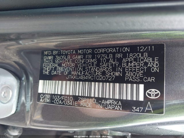 Aukcja sprzedaży 2012 Scion Xd, vin: JTKKU4B49C1020727, numer aukcji: 45196014