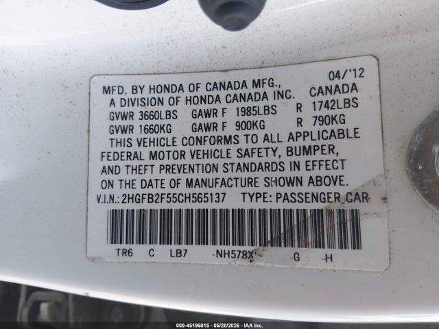Aukcja sprzedaży 2012 Honda Civic Lx, vin: 2HGFB2F55CH565137, numer aukcji: 45196015