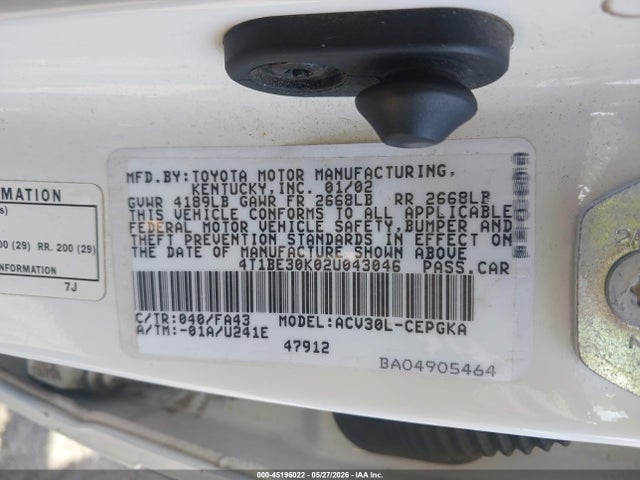 45196022 :رقم المزاد ، 4T1BE30K02U043046 vin ، 2002 Toyota Camry Xle مزاد بيع