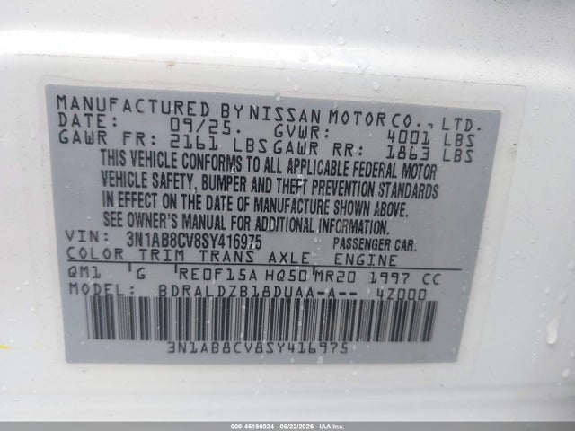 2025 Nissan Sentra Sv მანქანა იყიდება აუქციონზე, vin: 3N1AB8CV8SY416975, აუქციონის ნომერი: 45196024