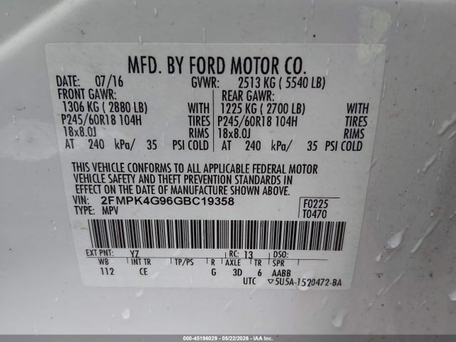 Продажа на аукционе авто 2016 Ford Edge Se, vin: 2FMPK4G96GBC19358, номер лота: 45196029