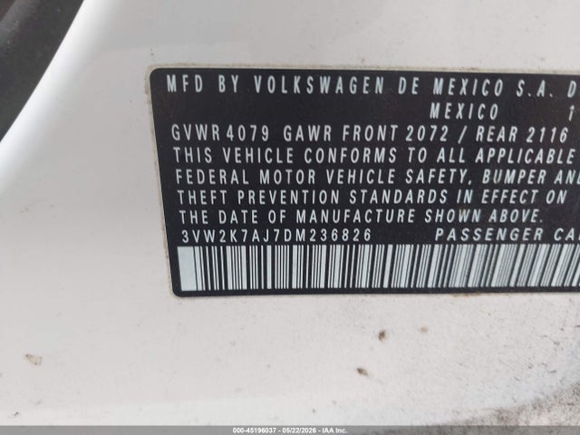 45196037 :رقم المزاد ، 3VW2K7AJ7DM236826 vin ، 2013 Volkswagen Jetta 2.0l S مزاد بيع